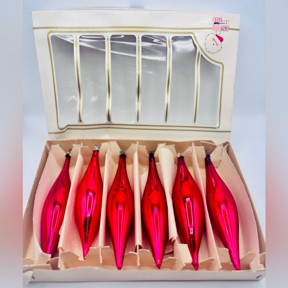 Vintage Red Glass Icicle Ornaments Set of 6 Poland Christmas Decor